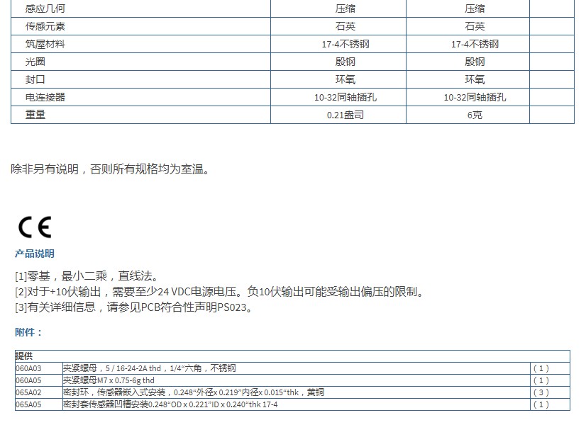 PCB通用型ICP?壓力傳感器111A24型技術(shù)參數(shù)