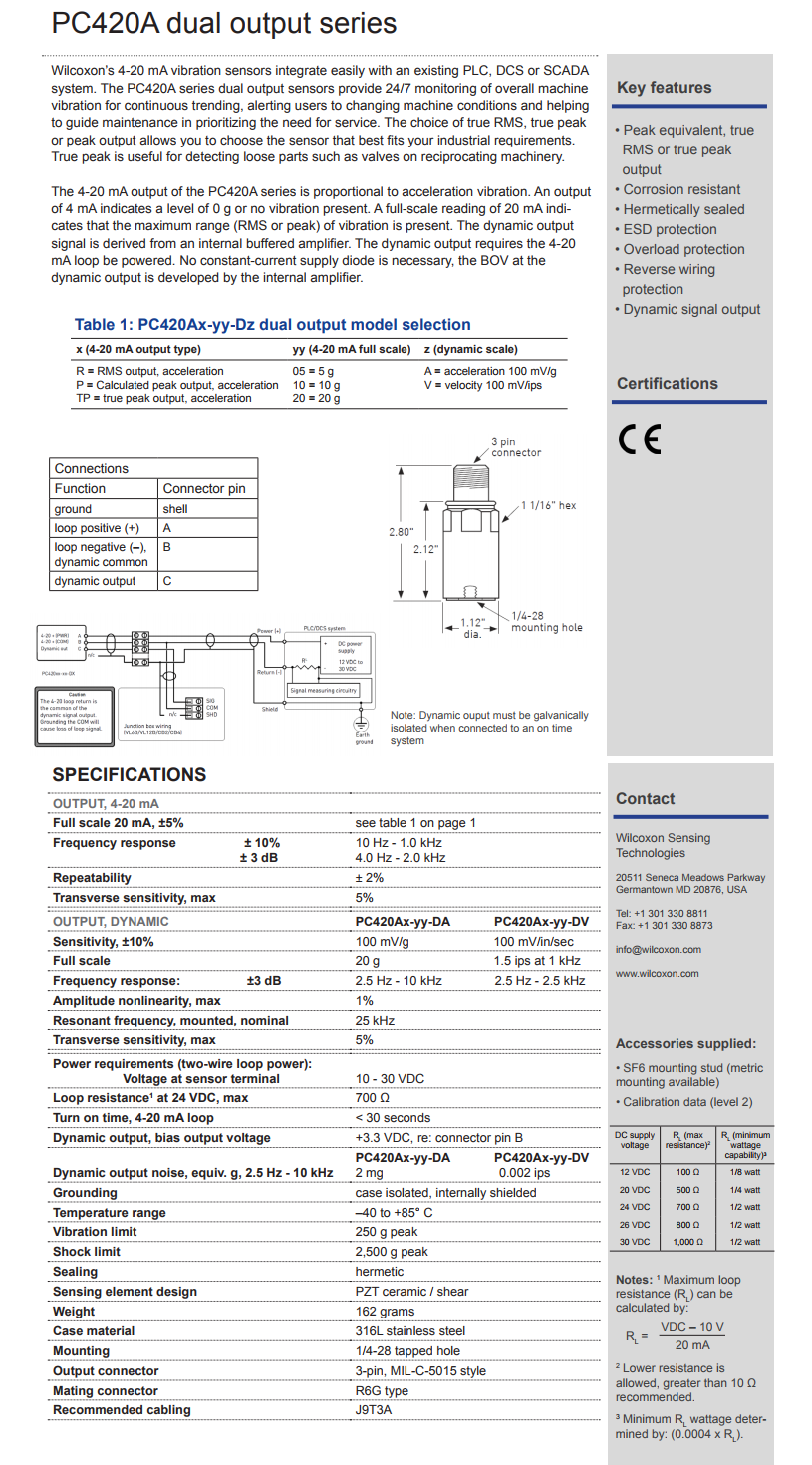 威爾康森4-20mA回路供電振動傳感器，帶動態(tài)振動輸出PC420AP-10-DA型技術(shù)參數(shù)