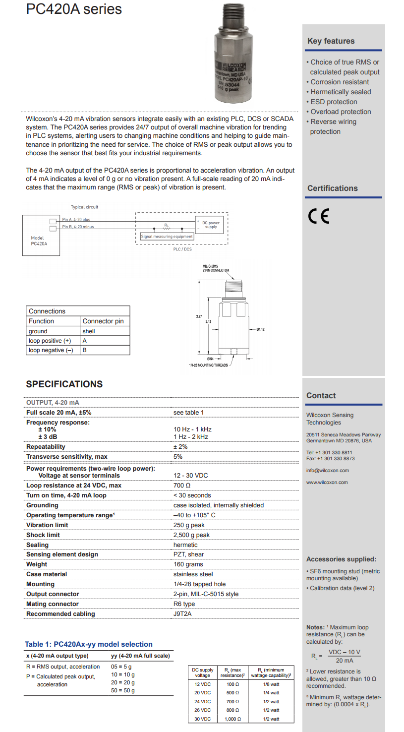 威爾康森4-20mA回路供電振動傳感器PC420AP-20型技術參數(shù)