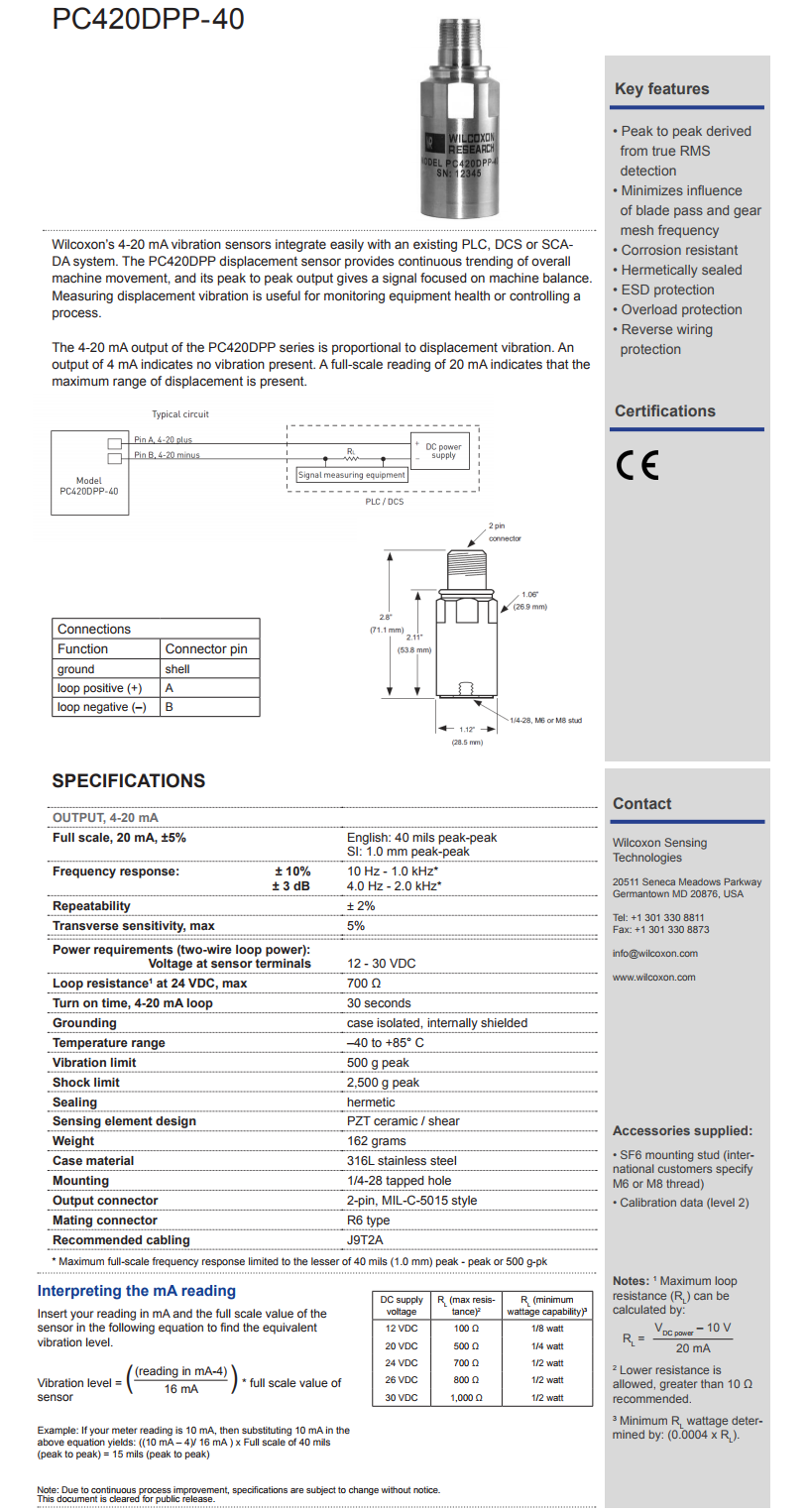 威爾康森回路供電振動(dòng)傳感器PC420DPP-40型技術(shù)參數(shù)