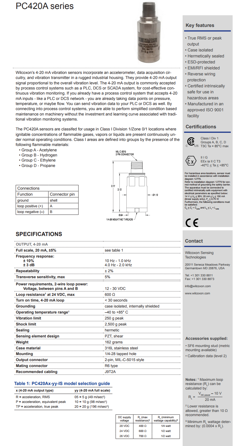 威爾康森回路供電振動(dòng)傳感器PC420AR-05-IS型技術(shù)參數(shù)