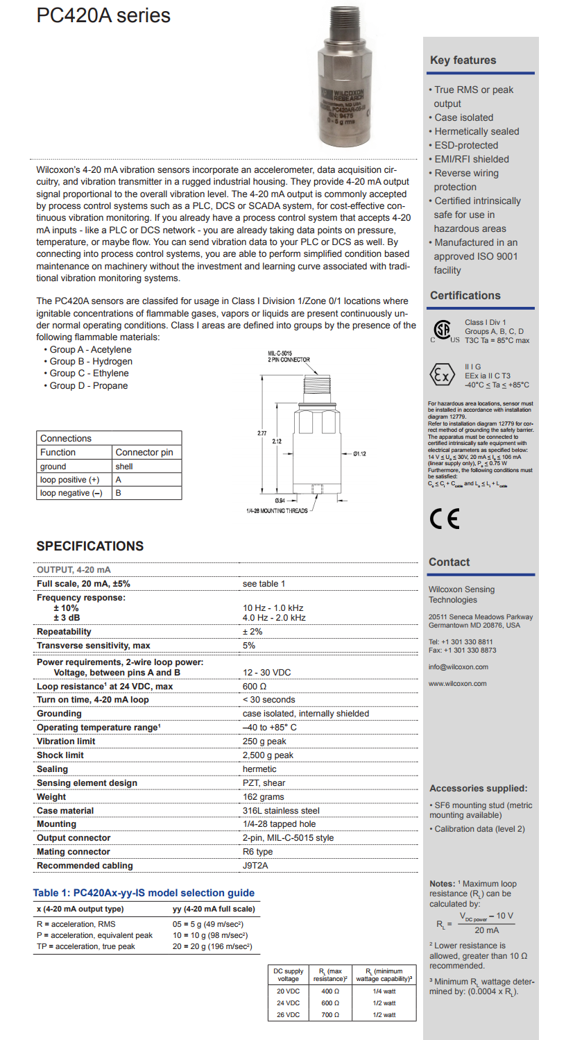 威爾康森回路供電振動傳感器PC420AR-10-IS型技術參數(shù)