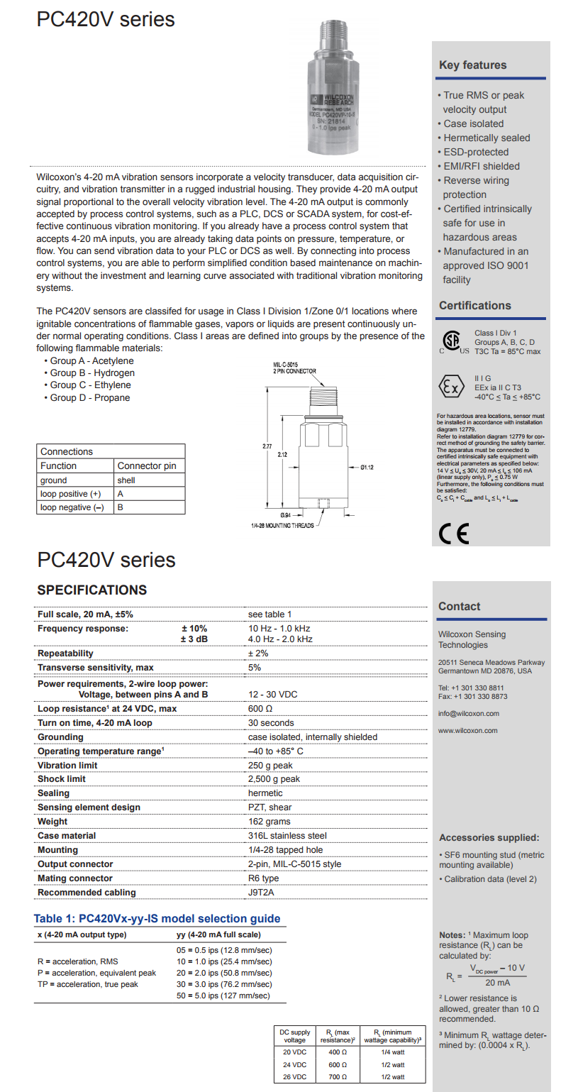 威爾康森回路供電振動(dòng)傳感器PC420VR-50-IS型技術(shù)參數(shù)