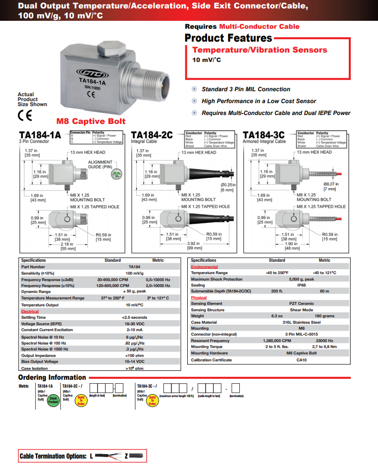 CTC雙輸出溫度/加速度振動傳感器TA184技術(shù)參數(shù)