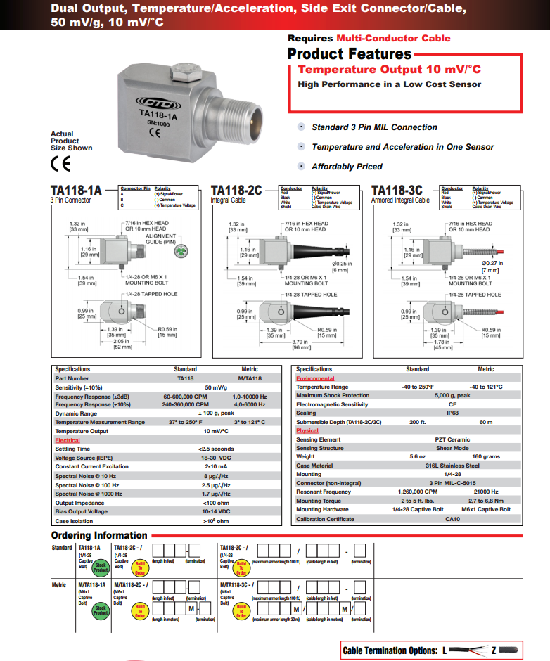 CTC雙輸出溫度/加速度振動傳感器TA118技術參數(shù)