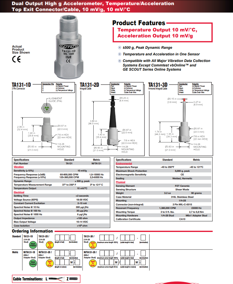 CTC雙輸出高g加速度振動傳感器TA131技術(shù)參數(shù)