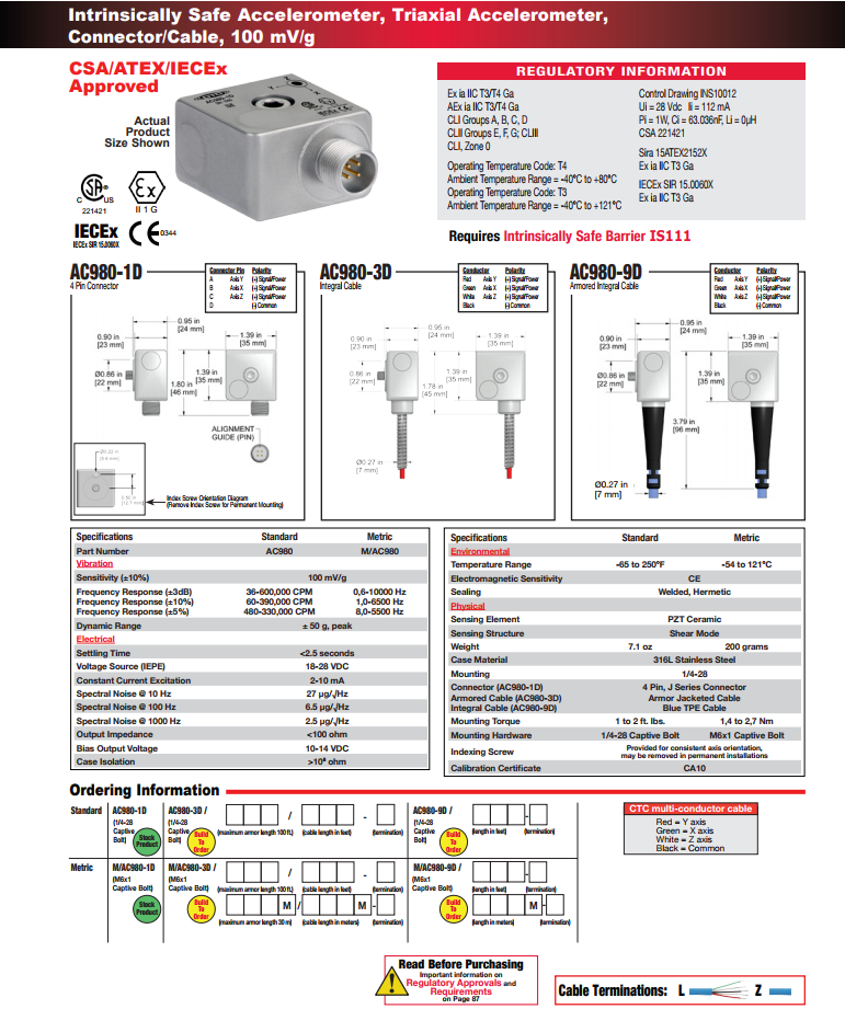 CTC本質(zhì)安全三軸加速度振動傳感器AC980 技術參數(shù)