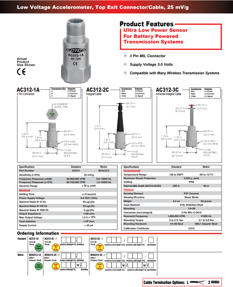 CTC 低壓加速度振動傳感器AC312技術參數(shù)